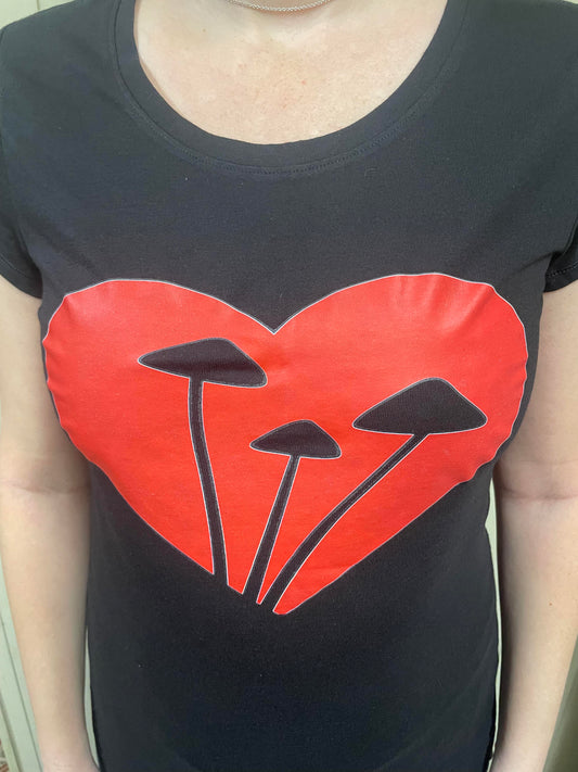 Red Mushroom Heart on Black T-Shirt (Original Mushroom Nerds Design)